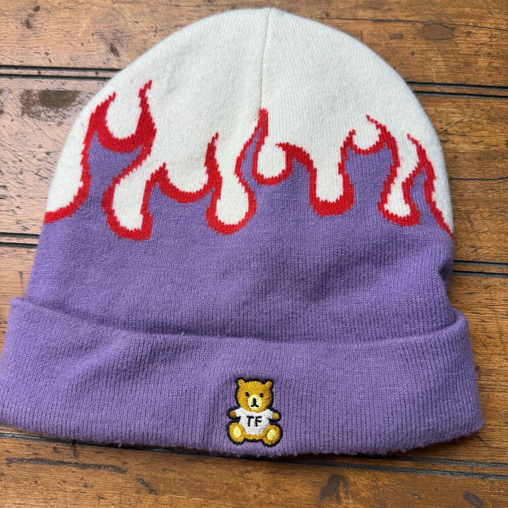 Teddy Fresh Purple Flame Beanie Hat Embroidered Bear Logo White Red Acrylic‎